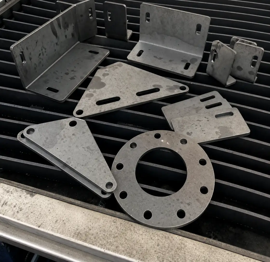 Laser-cut steel brackets, gussets and a flange on the laser bed